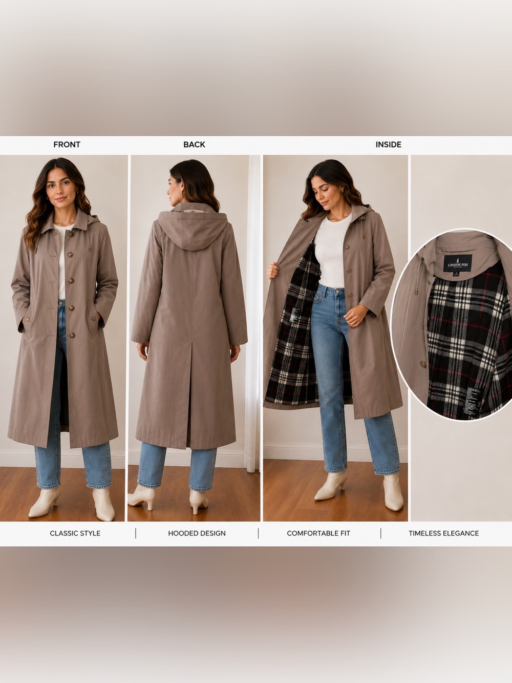London Fog Taupe Hooded Trench Coat with Plaid Lining - Women's